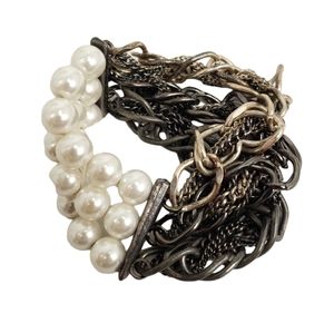 Half Faux Pearl Stretch Half Mixed Metal Chains Bracelet